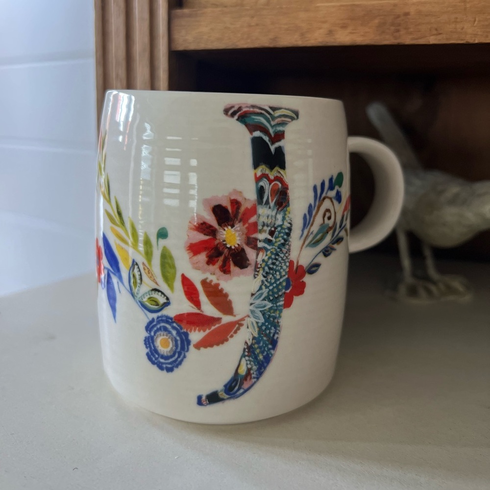 Anthropologie x Starla Halfmann Floral Coffee Tea Mug Monogram Letter Initial J